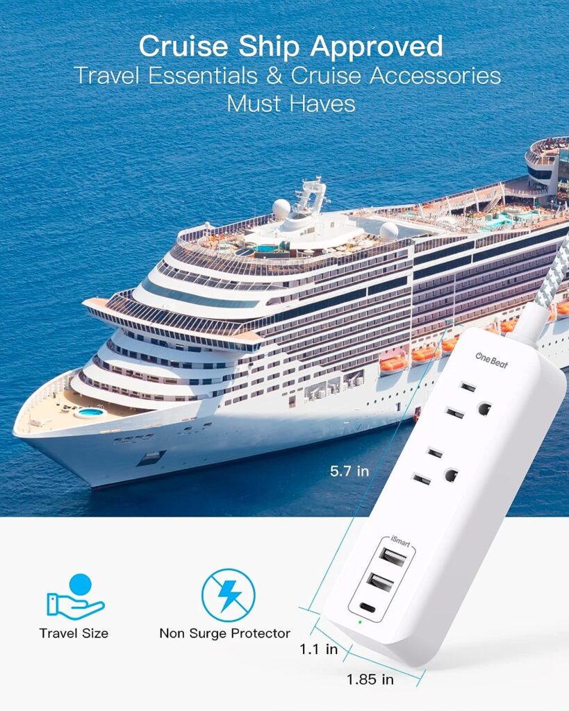 Cruise Essentials, USB C Travel Power Strip, Flat Plug Power Strip with 2 Outlets 3 USB Ports (1 USB C), 5ft Flat Extension Cord USB Charging Station, Non Surge Protector for Cruise Ship, Travel, Home