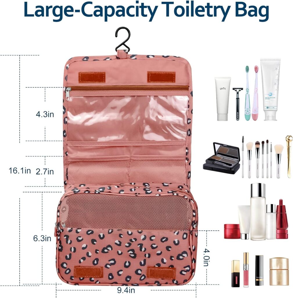 Aosivm Hanging toiletry bag for Women,makeup travel bag,with Jewelry Organizer Compartment,Large Cosmetic Bag Travel Organizer for Bathroom Shower Accessories (Leopard print pink, Large)