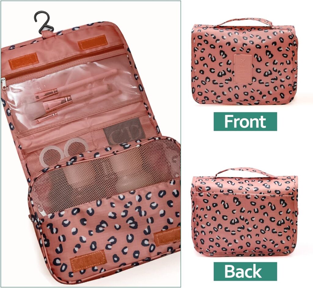 Aosivm Hanging toiletry bag for Women,makeup travel bag,with Jewelry Organizer Compartment,Large Cosmetic Bag Travel Organizer for Bathroom Shower Accessories (Leopard print pink, Large)