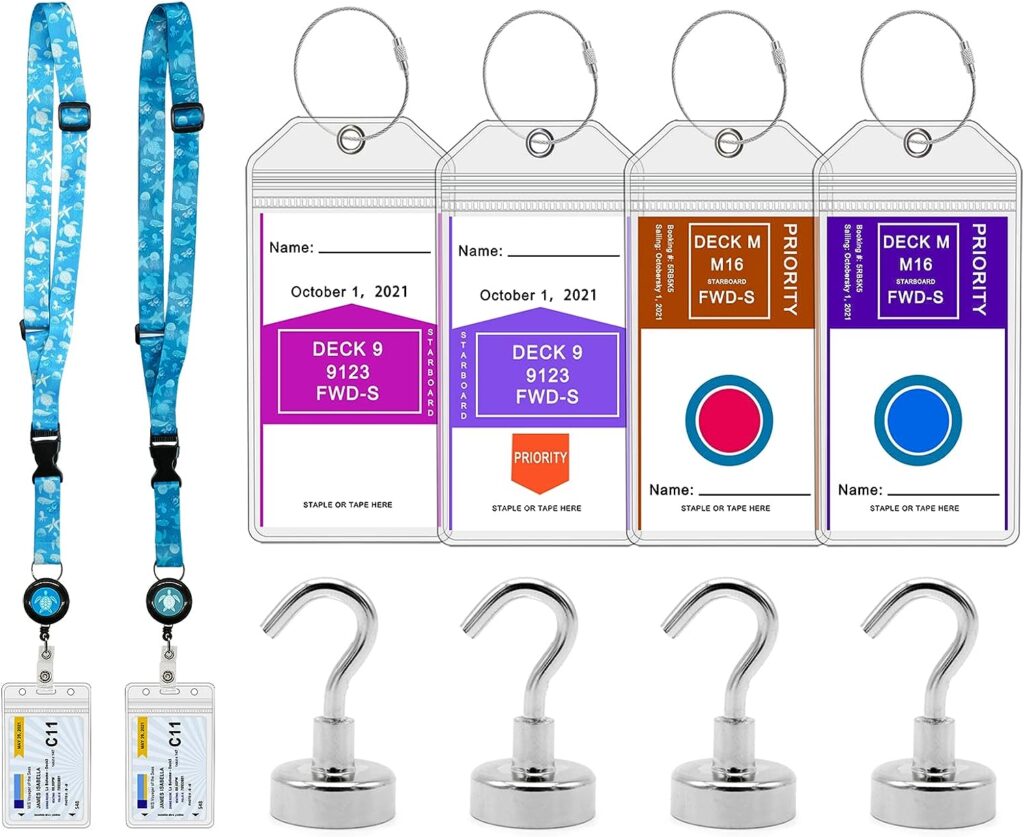 Cruise Essentials Kit, 2 Retractable Cruise Lanyards + 4 Packs Luggage Tag Holders + 4 Heavy Duty Cruise Cabin Magnetic Hooks, Most Commonly Used Cruise Items, Compatible All Cruise Lines (Navy)