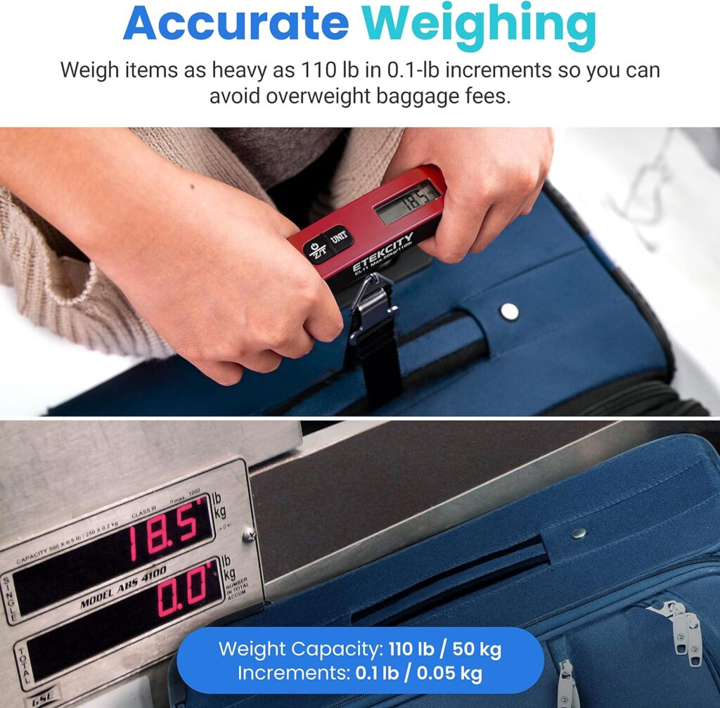 Etekcity Luggage Scale, Digital Weight Scales for Travel Accessories Essentials Suitcases , Portable Handheld Scale with Temperature Sensor, Rubber Paint, 110 Pounds, Battery Included