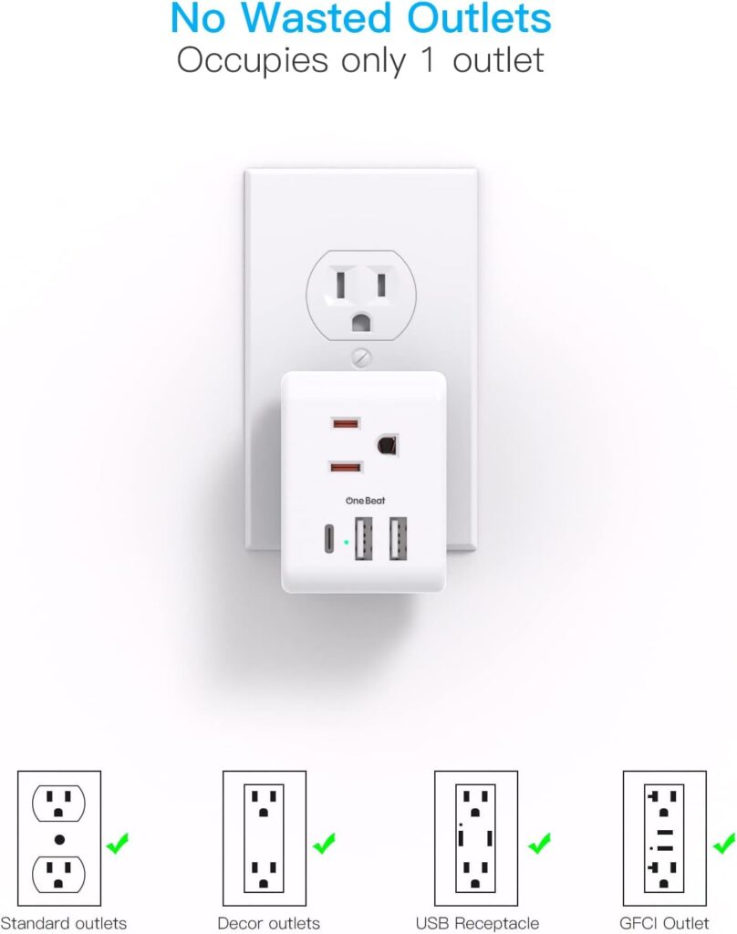 Multi Plug Outlet Extender, Power Strip Non Surge Protector Electric Outlet Splitter with 3 USB Wall Charger (1 USB C), Multiple Outlet Expander for Cruise, Dorm, Travel, Home, Office