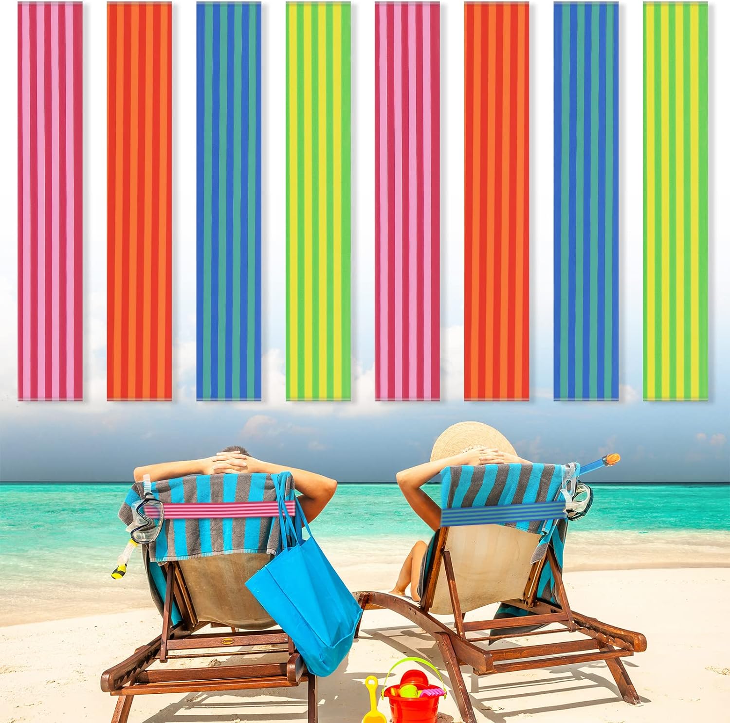 8 Pack Towel Bands for Beach Chairs Cruise Towel Clips for Lounge Beach Pool Chairs Towel Strap Holder Elastic Windproof Beach Accessories for Summer (Stripe Style, 11.81 x 1.97 Inch)