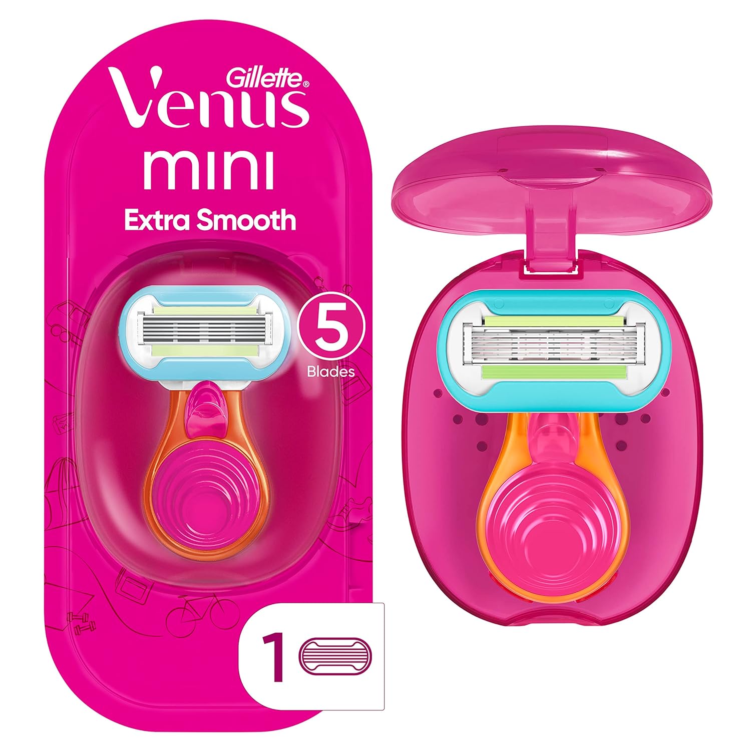 Gillette Venus Extra Smooth On The Go Womens Razor Handle + 1 Blade Refill + 1 Travel Case