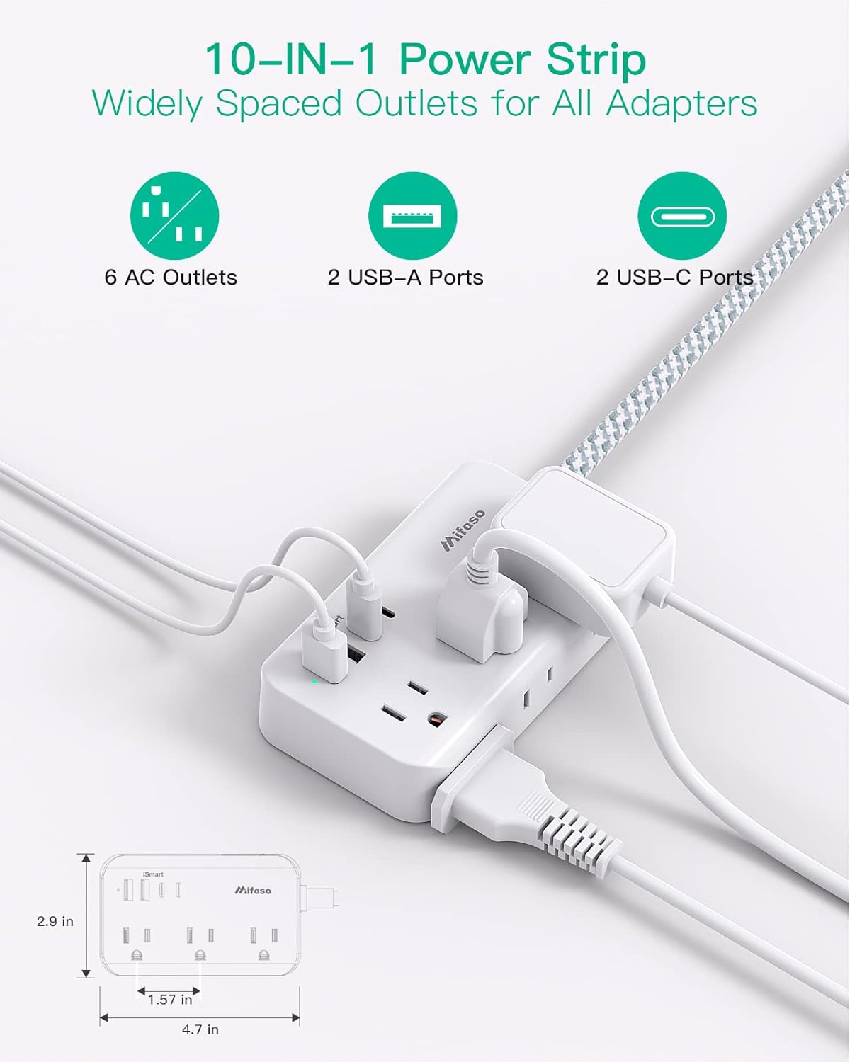 Power Strip Extension Cord - 6 Outlets and 4 USB (2 USB C), 5Ft Braided Cord with Ultra Thin Flat Plug, Wall Mount, Overload Protection, Compact for Travel, Cruise Ship, and Dorm Room Essentials