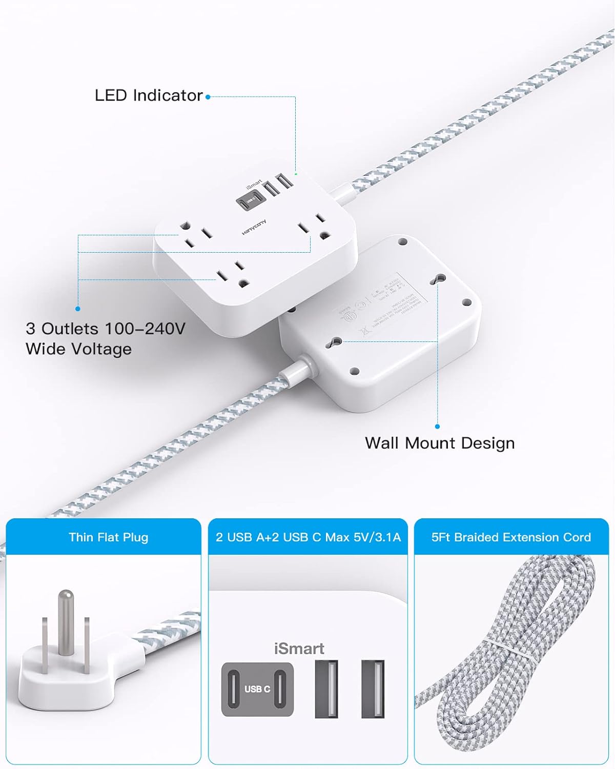 Power Strip with USB, 5 Ft Thin Flat Plug Extension Cord with 3 Outlets 4 USB Ports(2USB C) Wall Mount Desk Charging Station, Non Surge Protector for Travel Cruise Ship College Dorm Room Essentials