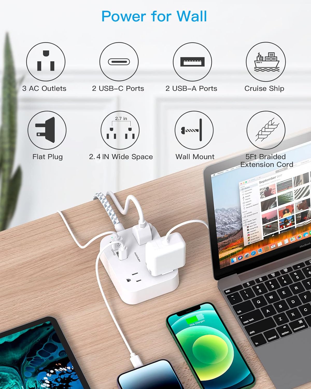 Power Strip with USB, 5 Ft Thin Flat Plug Extension Cord with 3 Outlets 4 USB Ports(2USB C) Wall Mount Desk Charging Station, Non Surge Protector for Travel Cruise Ship College Dorm Room Essentials