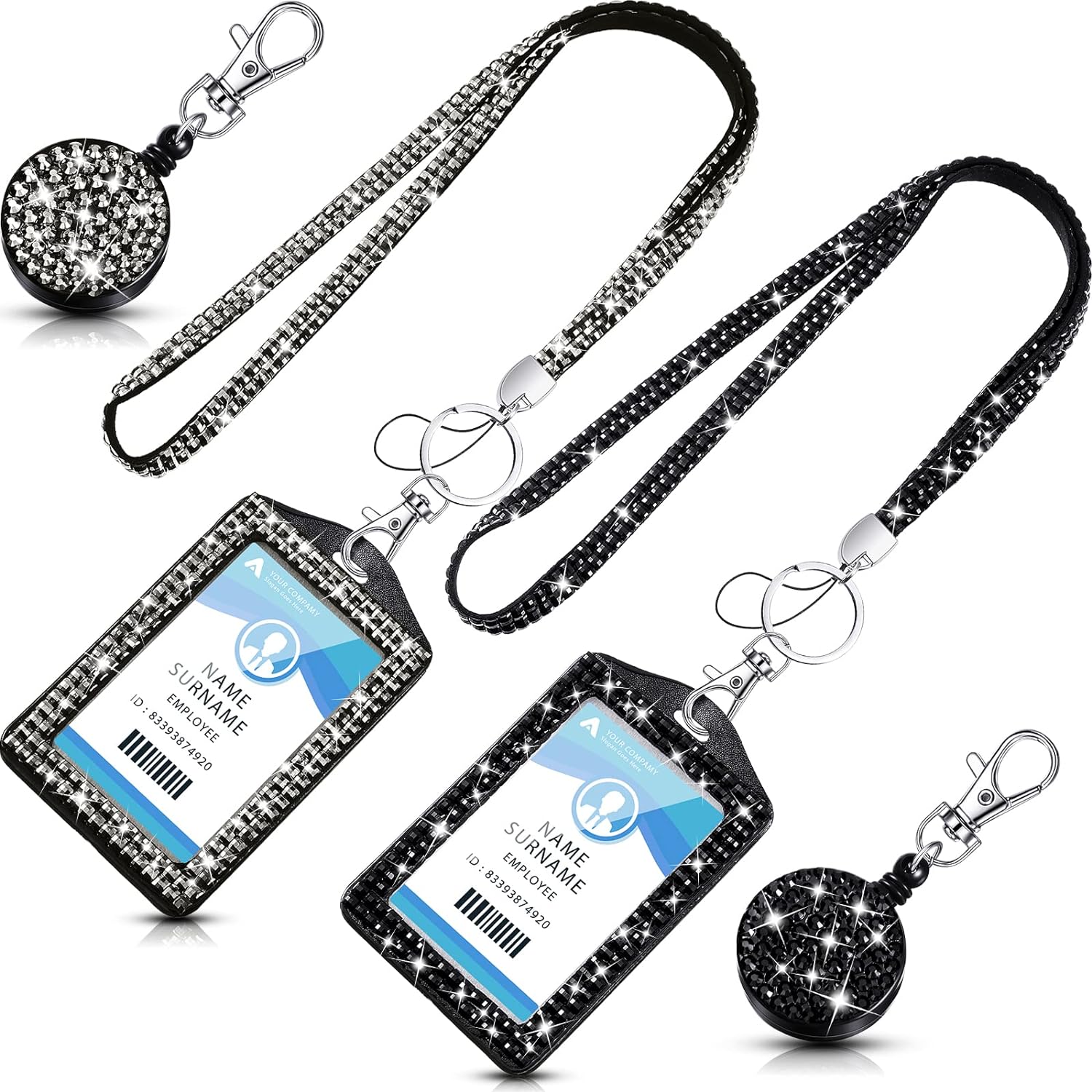 Rhinestone Lanyard Bling Id Card Holder 2 Sets Crystal ID Card Badge Holder Retractable Diamond Lanyards for Id Badges (Black, Ore Grey)